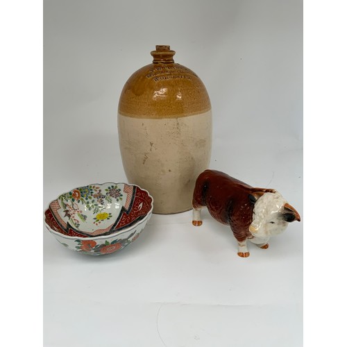 286 - ORIENTAL FLUTED BOWL A LARGE STONEWARE JAR BY TW CLARK AF AND A FIGURE OF A HEREFORD BULL