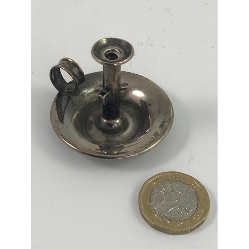 360 - MINIATURE SILVER CHAMBER STICK, MISC. MINIATURE BRASS CANDLESTICKS, MINIATURE PEWTER CHARGERS AND BE... 