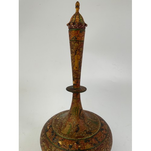 446 - PAPIER MACHE GLOBE AND SHAFT VASE AND COVER, approx. 31 cm overall including stopper