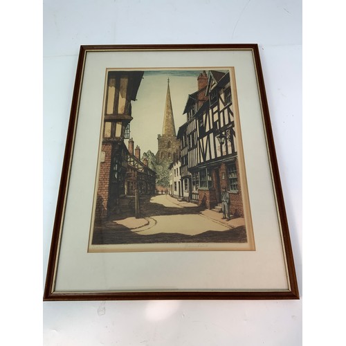 52 - FRAMED ETCHING OF LEDBURY BY J LEWIS STANT WITH ORIGINAL PURCHASE RECEIPT OF 1949 WITH STAMP