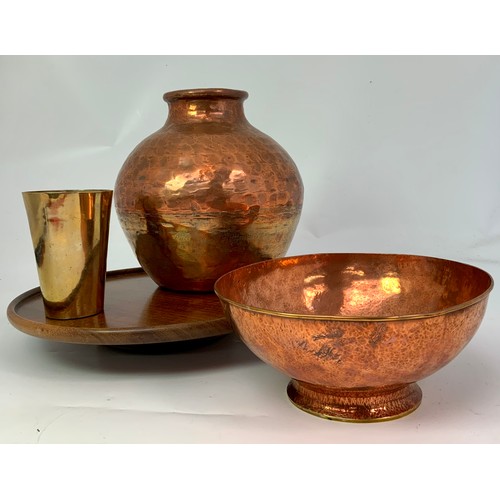 398 - OAK LAZY SUSIE, COPPER BOWL AND COPPER VASE