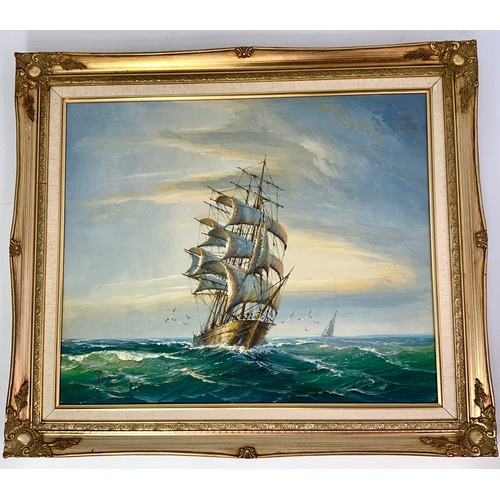 21 - OIL ON CANVAS DEPICTING A GALLEON