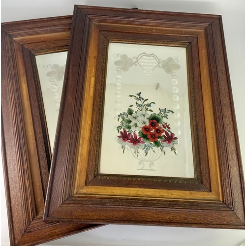 74 - PAIR OF VICTORIAN OAK FRAMED MIRRORS WITH PAINTED AND BEVELLED GLASS each approx. 58 x 79 cm