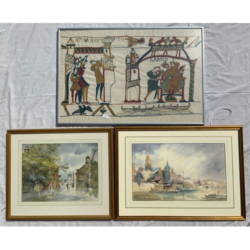 34 - FRAMED WATERCOLOUR JILL PARKER APRIL SHOWERS, ANOTHER PICTURE OLD FRANKFURT & A TAPESTRY