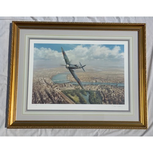 5 - FRAMED PRINT SPITFIRE OVER LONDON JOHN YOUNG , SIGNED TO MARGIN, 300/1175