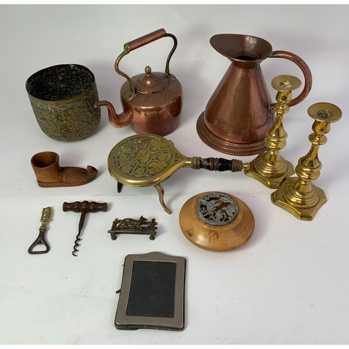 337 - QUANTITY MISC. BRASS WARE AND TREEN INCLUDING CORKSCREW