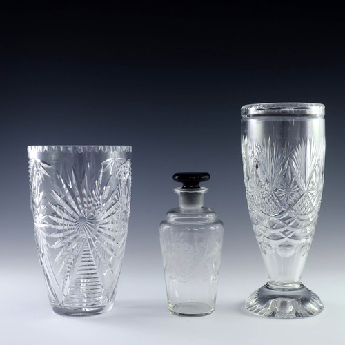 116 - ETCHED GLASS DECANTER AND 2 VERY GOOD QUALITY CUT GLASS VASES