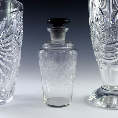 116 - ETCHED GLASS DECANTER AND 2 VERY GOOD QUALITY CUT GLASS VASES