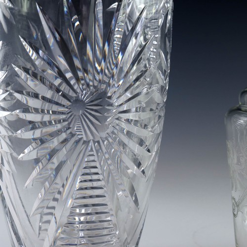 116 - ETCHED GLASS DECANTER AND 2 VERY GOOD QUALITY CUT GLASS VASES