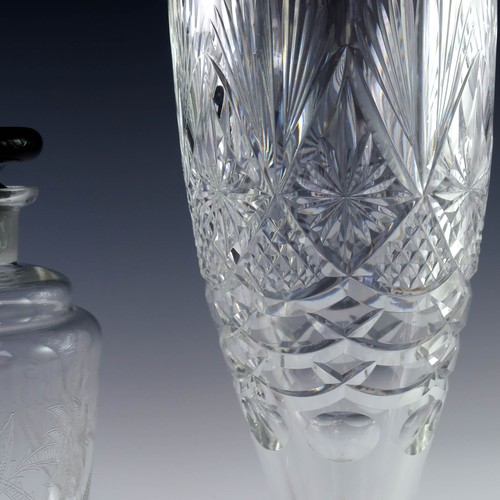 116 - ETCHED GLASS DECANTER AND 2 VERY GOOD QUALITY CUT GLASS VASES