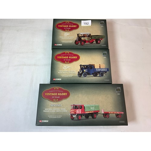 192 - CORGI VINTAGE GLORY, 3 BOXED MODELS 80007 SENTINEL PLATFORM WAGON TRAILER AND LOAD - UNITED AFRICA, ... 