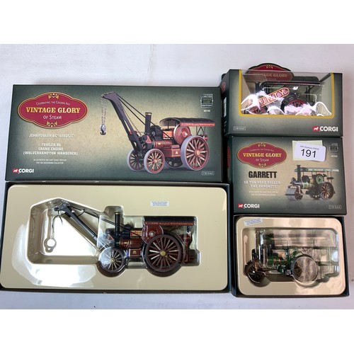 191 - CORGI VINTAGE GLORY OF STEAM, 3 BOXED MODELS, FOWLER B6 CRANE ENGINE, WOLVERHAMPTON WANDERER 80108, ... 