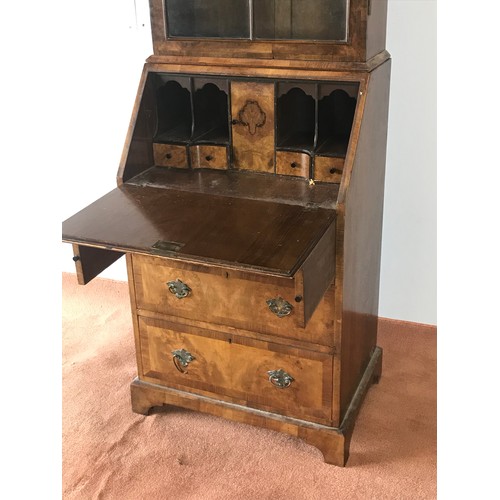 9 - WALNUT VENEER BUREAU BOOK CASE, APPROX 61CM WIDE