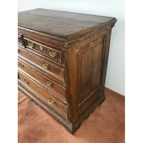 26 - ANTIQUE, POSSIBLY EARLY 18TH CENTURY, OAK PANELLED CHEST OF DRAWERS WITH 2 OVER 3 DRAWERS WITH BRASS... 