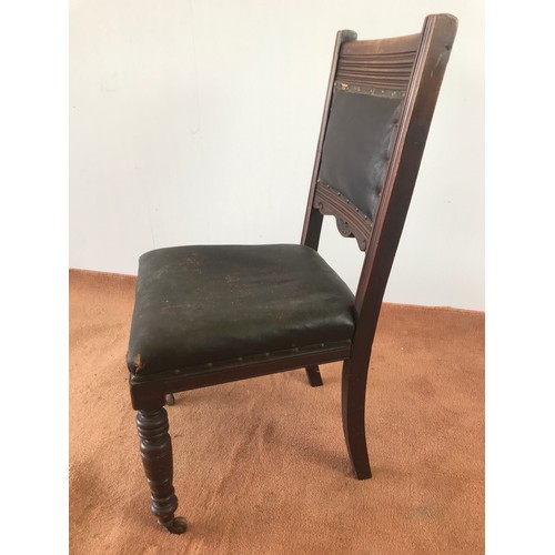 239 - PAIR OF EDWARDIAN CHAIRS WITH TURNED LEGS, LEATHER OVER STUFFED SEATS AND PADDED BACKS, & A SINGLE W... 