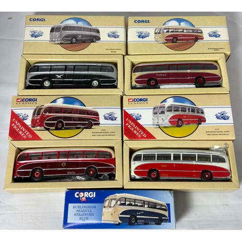 140 - 5 BOXED CORGI CLASSIC MODELS,  BURLINGHAM SEAGULL COACHES,  INCLUDING STRATFORD BLUE 97340, TRENT 97... 