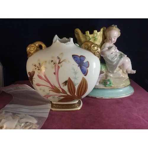 163 - ROYAL WORCESTER HAND PAINTED MOON FLASK  VASE DATED 1879  AF AND A CONTINENTAL FIGURE  WITH BASKET V... 