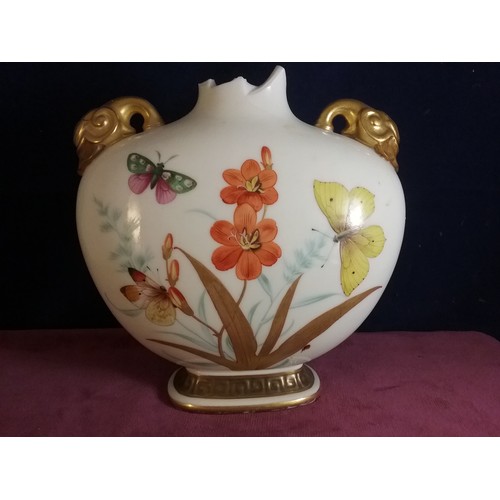 163 - ROYAL WORCESTER HAND PAINTED MOON FLASK  VASE DATED 1879  AF AND A CONTINENTAL FIGURE  WITH BASKET V... 