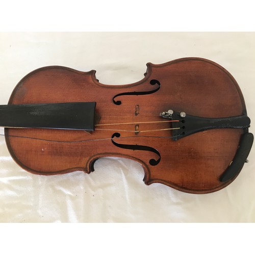 463 - CASED VIOLIN IN NEED OF RESTORATION, bow indistinctly stamped, possibly J.Nunn?