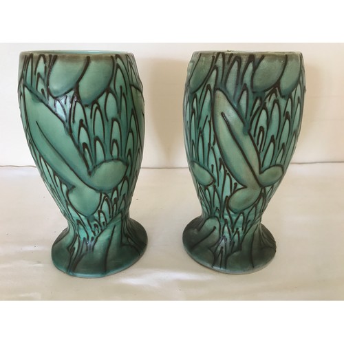 232 - THOMAS FORESTER ART DECO TUBE LINED  ‘VERDANT’ PATTERN TRIO OF VASES.