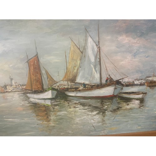 14 - OIL ON CANVAS OF YACHTS, APPROX 100 X 50 CM. SIGNED TO CORNER