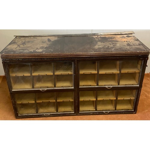 217 - GLAZED HABERDASHERY CABINET, EX BRAYS MAIN CABINET 148CM LONG, 85CM TALL, 57CM DEEP