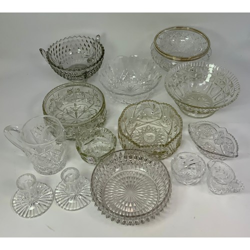 96 - QUANTITY MISC. GLASSWARE (BOWLS ETC.) INCLUDES PR. WATERFORD CRYSTAL CANDLESTICKS AND A WATERFORD BO... 