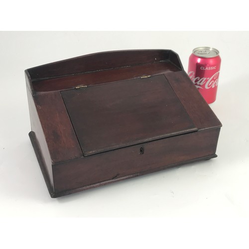 385 - MAHOGANY MINIATURE DESK / STATIONERY BOX WITH HINGED SLOPE