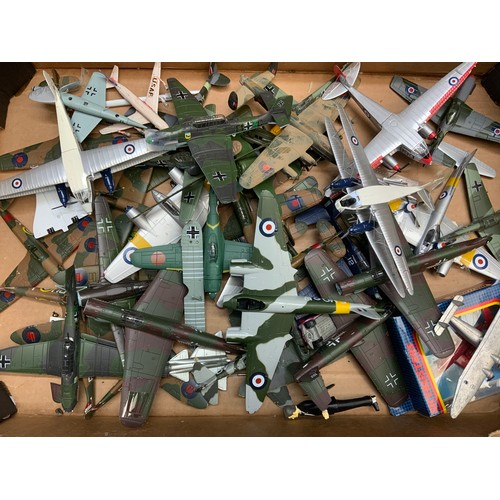 129 - BOX OF SELECTED OXFORD, CORGI AND SIMILAR MODEL AIRCRAFT,  MOSTLY PLAYWORN, WWI, WWII, POST WAR PIST... 