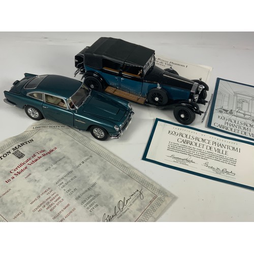 121 - DANBURY MINT BOXED ASTON MARTIN IN AEGEAN BLUE DB5 COUPE IN BOX AND PACKING, WITH LIMITED EDITION CE... 