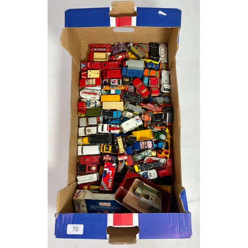 70 - TRAY OF MATCHBOX 1-75'S AND CORGI, PLUS DAYS GONE BOXED BUS, MOST IN PLAYWORN CONDITION.