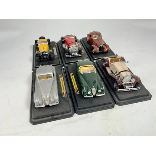 95 - BURAGO 6 UNBOXED BUT PLINTH MOUNTED CLASSIC CAR MODELS INC BUGATTI, MERCEDES-BENZ, JAGUAR,