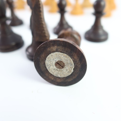 236 - LARGE STAUNTON PATTERN CHESS SET IN WOODEN BOX, WEIGHTED PIECES, KING APPROX. 9.5 cm WITH BOARD