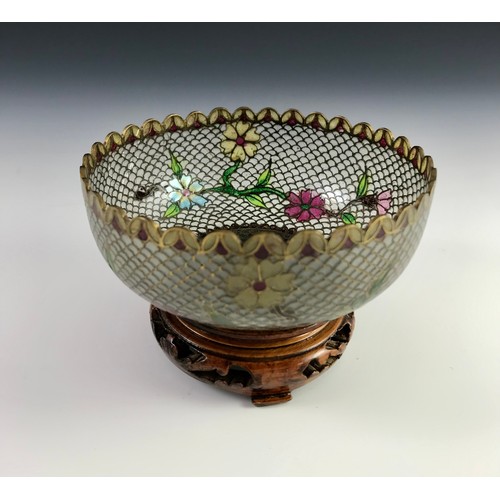 145 - CHINESE CLOISONNE PLIQUE A JOUR STAINED GLASS BOWL APPROX. 10cm dia. AF TOGETHER WITH 2 ORIENTAL POR... 