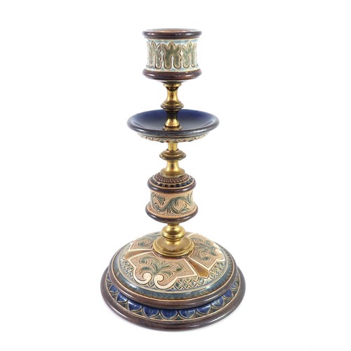 125 - A BRASS MOUNTED LATE 19TH CENTURY DOULTON LAMBETH CANDLESTICK BY FRANK A. BUTLER, approx. 20 cm H, I... 