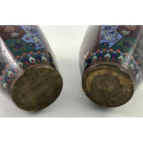 251 - PAIR OF GOOD QUALITY HEXAGONAL JAPANESE CLOISONNE VASES, EACH APPROX. 24 cm