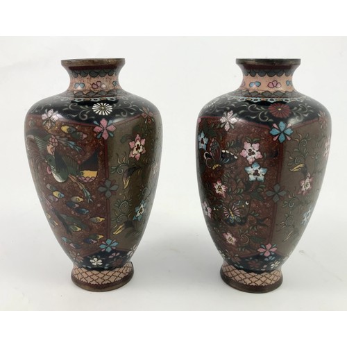 252 - PAIR OF GOOD QUALITY SQUARE SECTION JAPANESE CLOISONNE VASES, EACH APPROX. 15.5 cm