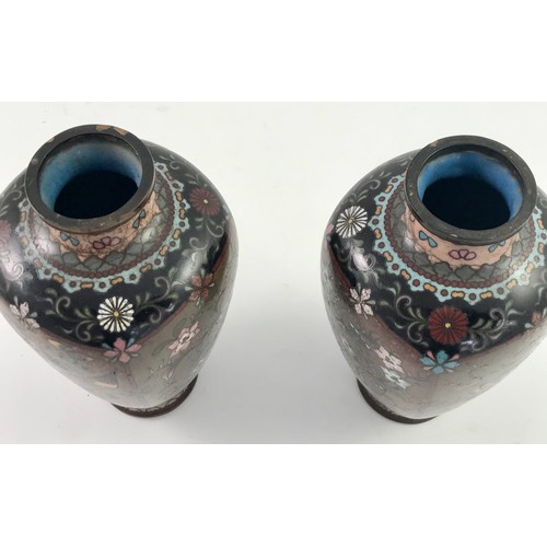 252 - PAIR OF GOOD QUALITY SQUARE SECTION JAPANESE CLOISONNE VASES, EACH APPROX. 15.5 cm