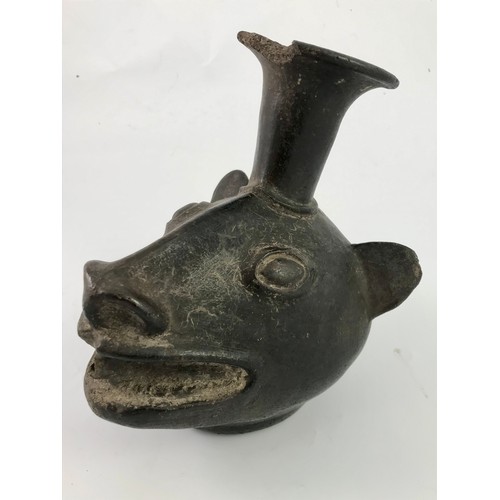 122 - PERUVIAN CHIMU ZOOMORPHIC BLACKWARE JUG IN THE FORM OF A LLAMA HEAD, CHIPS TO FUNNEL TOP, LETTER OF ... 