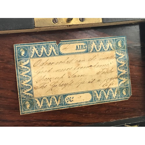 239 - FRENCH 19TH CENTURY MINIATURE MUSIC BOX PLAYING FOUR AIRES, HAND WRITTEN LIST OF AIRES TO HINGED LID