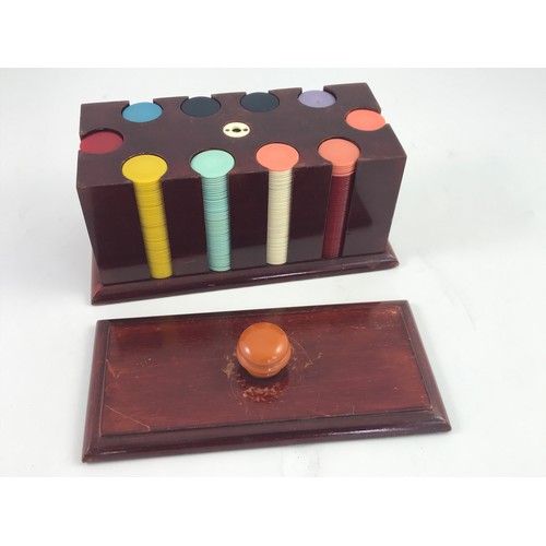 224 - GAMING COUNTERS IN A MAHOGANY CASE WITH NOTE ACCOMPANYING THEM ‘THIS GAMING COUNTER BOX BELONGED TO ... 