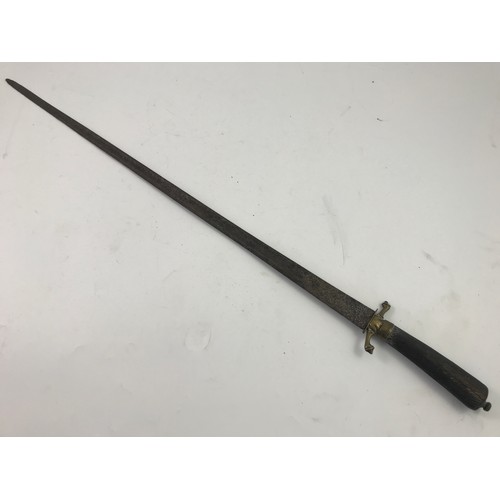 206 - POSSIBLY FRENCH 18th CENTURY HANGER SWORD HAVING A TWISTED, FLUTED EBONY GRIP WITH ORNATE BRASS QUIL... 