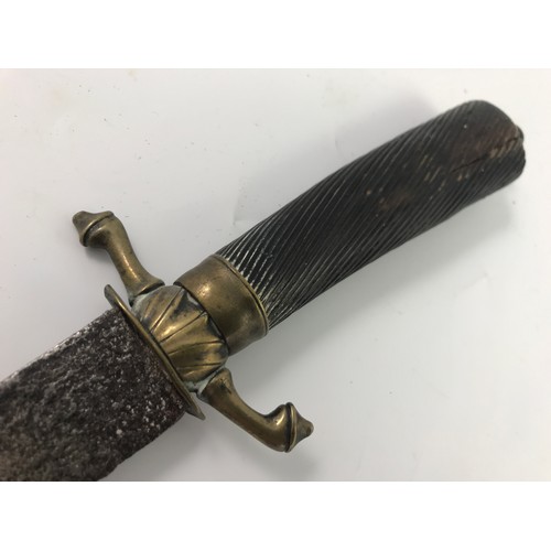 206 - POSSIBLY FRENCH 18th CENTURY HANGER SWORD HAVING A TWISTED, FLUTED EBONY GRIP WITH ORNATE BRASS QUIL... 