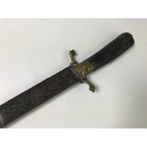 206 - POSSIBLY FRENCH 18th CENTURY HANGER SWORD HAVING A TWISTED, FLUTED EBONY GRIP WITH ORNATE BRASS QUIL... 