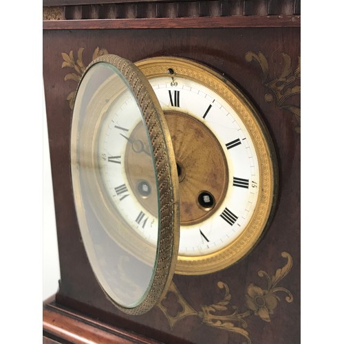 290 - GOOD QUALITY MANTLE CLOCK HAVING ENAMELLED DIAL 8 DAY MOVEMENT PAGODA TOP, THE MAHOGANY CASE IS BRAS... 