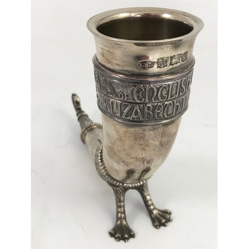 402 - SILVER COMMEMORATIVE SAXON DRINKING HORN, THE CORNUCOPIA INSCRIBED IN CELTIC TEXT WITH ‘1000 YEARS O... 