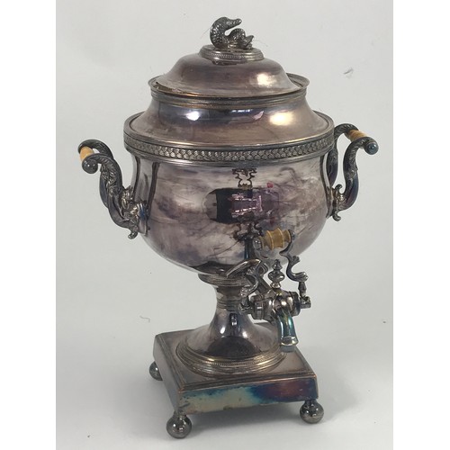 338 - SILVER PLATED TEA URN / TABLE HOT WATER URN HAVING TURNED BONE INSULATORS