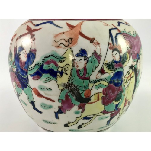 140 - ORIENTAL VASE WITH ENAMELLED DECORATION DEPICTING WARRIORS APPROX 17 cms