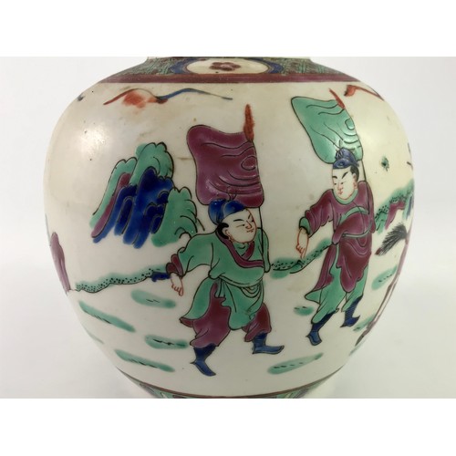 140 - ORIENTAL VASE WITH ENAMELLED DECORATION DEPICTING WARRIORS APPROX 17 cms