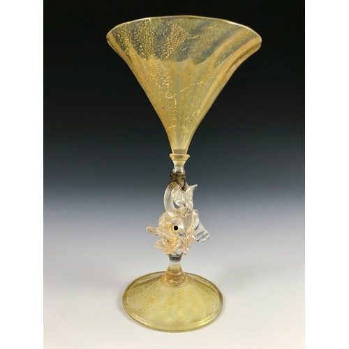 77 - VENETIAN DRINKING GLASS WITH CONICAL BOWL AND DOLPHIN SUPPORT AND 2 OTHERS